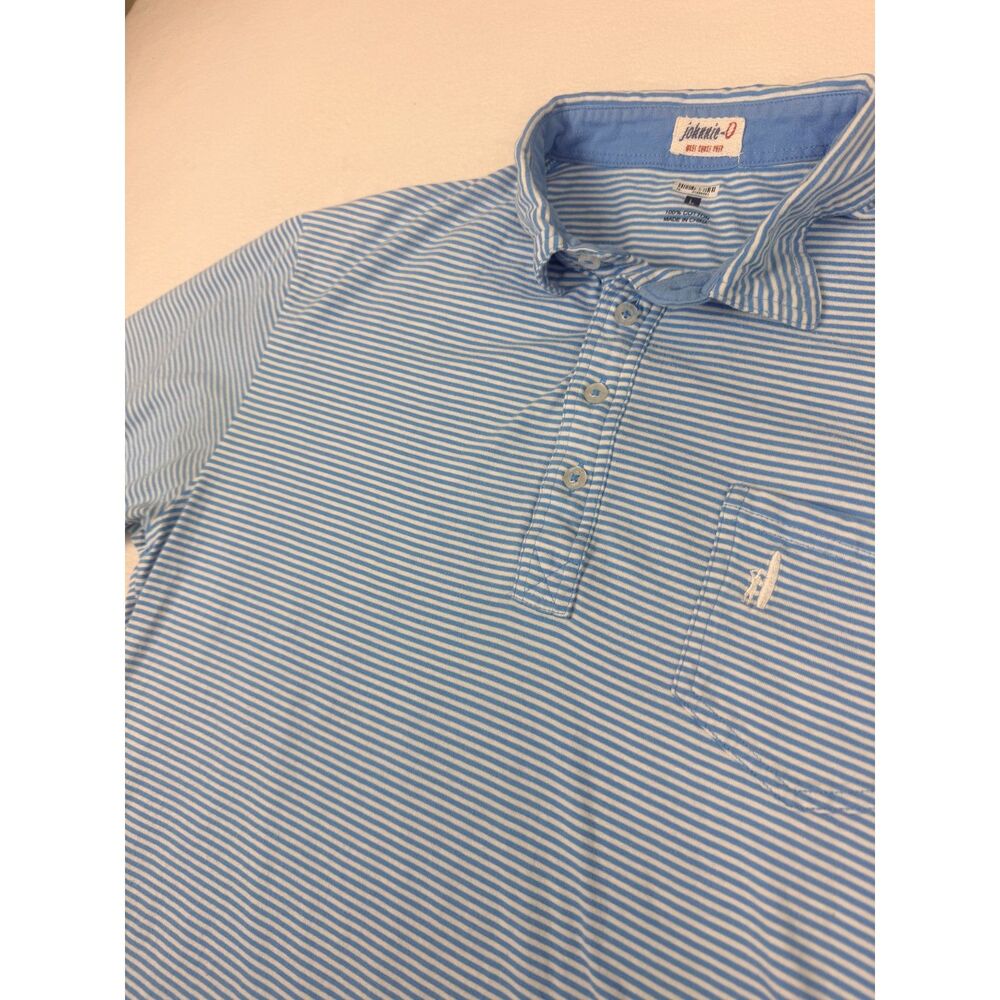 Johnnie-O Blue White Striped Polo Shirt Men's Large 100% Cotton Pocket